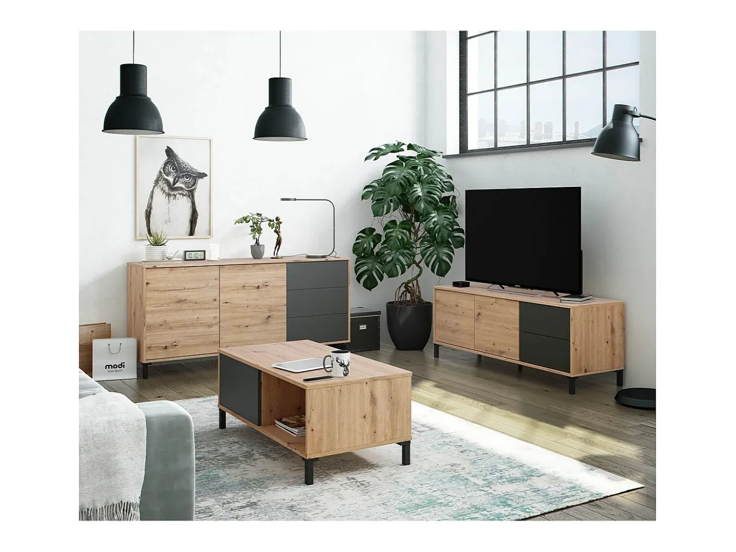 Mesa de centro fixa Brooklyn em carvalho Nodi e cinza antracite estilo industrial