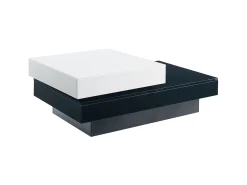 Mesa de centro giratória com 2 prateleiras abertas, branca e preta, superfície lacada