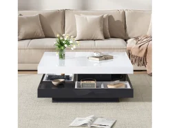 Mesa de centro giratória com espaço de arrumação, tampo lacado brilhante - Branco e preto