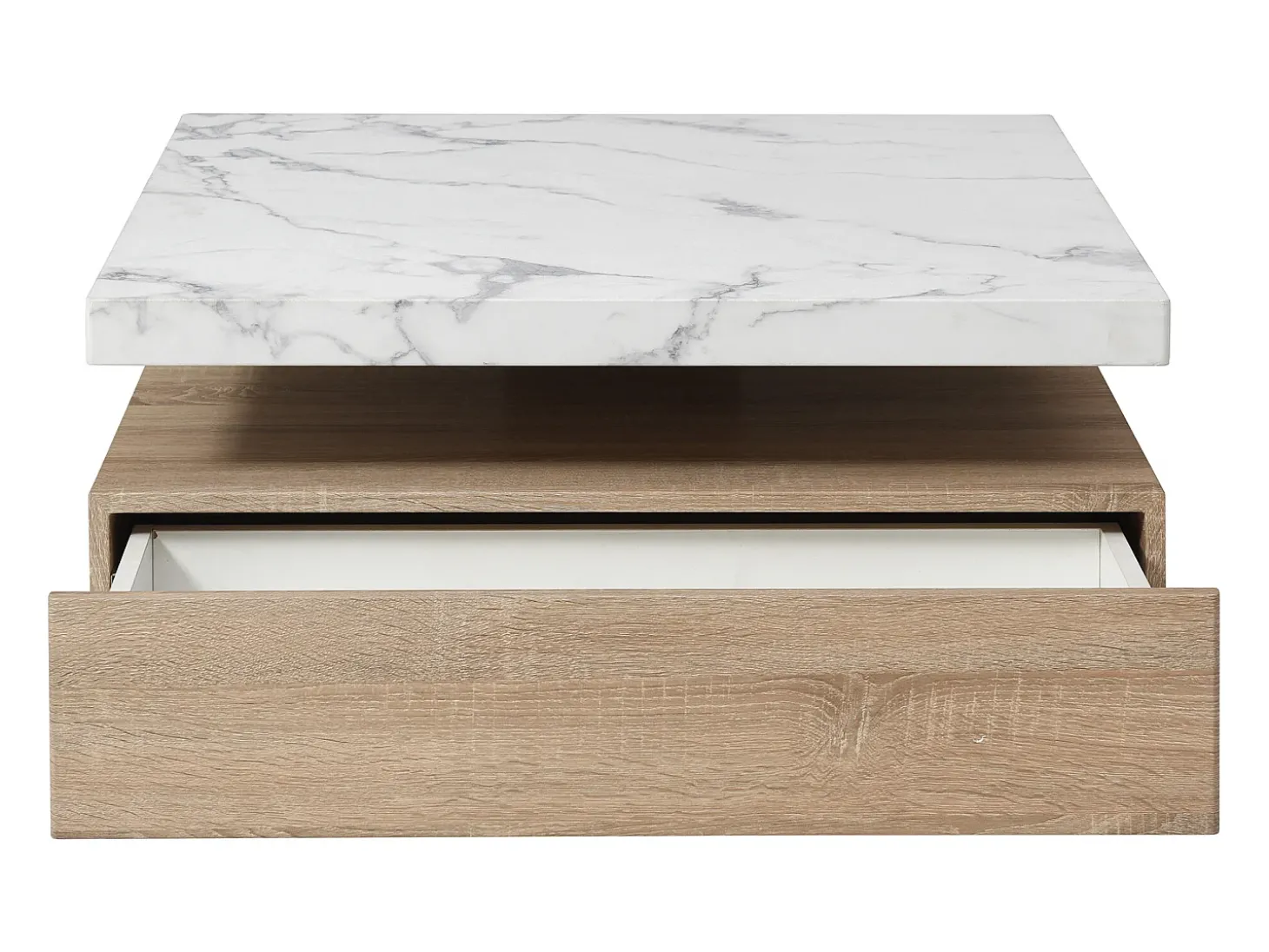 Mesa de centro giratória com 1 gaveta MDF efeito mármore branco e natural - KYRIA