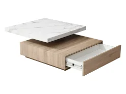 Mesa de centro giratória com 1 gaveta MDF efeito mármore branco e natural - KYRIA