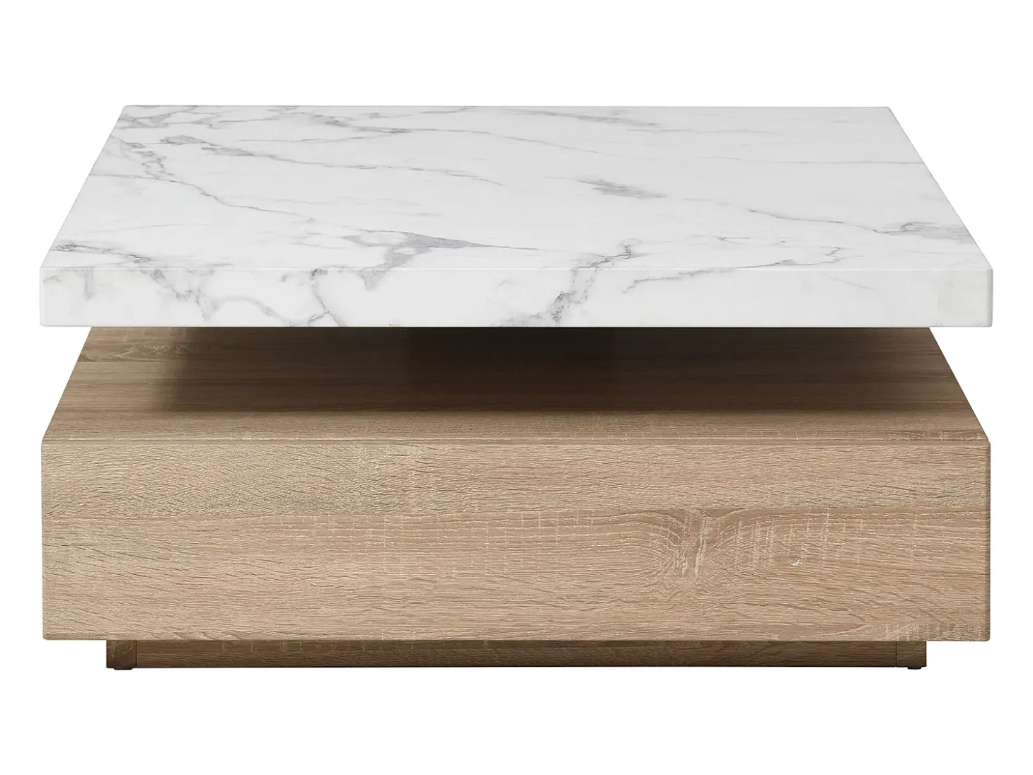 Mesa de centro giratória com 1 gaveta MDF efeito mármore branco e natural - KYRIA
