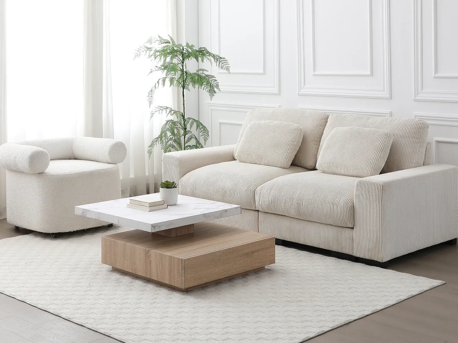 Mesa de centro giratória com 1 gaveta MDF efeito mármore branco e natural - KYRIA