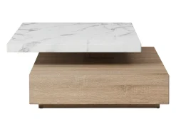 Mesa de centro giratória com 1 gaveta MDF efeito mármore branco e natural - KYRIA