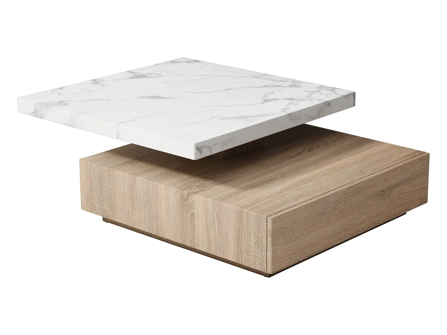 Mesa de centro giratória com 1 gaveta MDF efeito mármore branco e natural - KYRIA