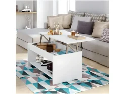 Mesa de centro HAPPY contemporânea branca com armazenamento e altura ajustável - L 100 x C 50 cm