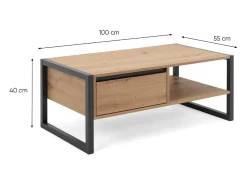 Mesa de centro industrial Kotor com gaveta e prateleira em carvalho artesanal