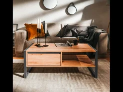 Mesa de centro industrial Kotor com gaveta e prateleira em carvalho artesanal