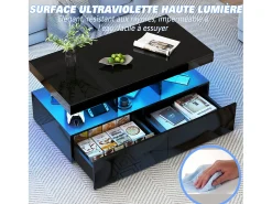 Mesa de centro inteligente com LED RGB - com duas gavetas, dimmer controlado por aplicativo, acabamento brilhante e à prova d'água, compatível com música