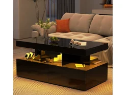 Mesa de centro inteligente com LED RGB - com duas gavetas, dimmer controlado por aplicativo, acabamento brilhante e à prova d'água, compatível com música