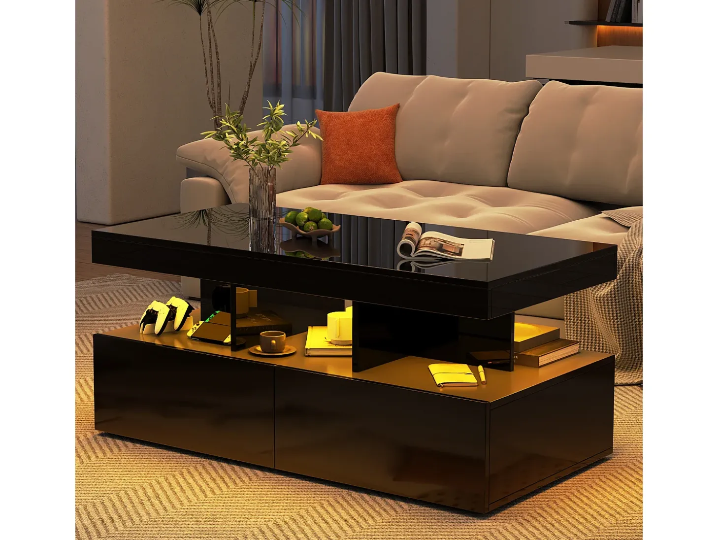 Mesa de centro inteligente com LED RGB - com duas gavetas, dimmer controlado por aplicativo, acabamento brilhante e à prova d'água, compatível com música