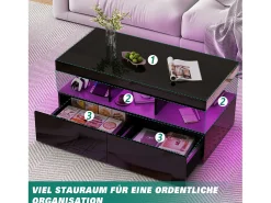 Mesa de centro inteligente com LED RGB - com duas gavetas, dimmer controlado por aplicativo, acabamento brilhante e à prova d'água, compatível com música