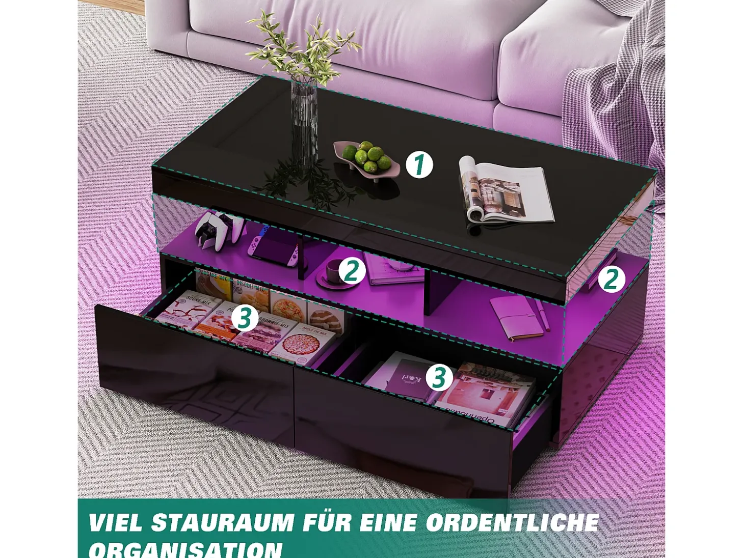 Mesa de centro inteligente com LED RGB - com duas gavetas, dimmer controlado por aplicativo, acabamento brilhante e à prova d'água, compatível com música