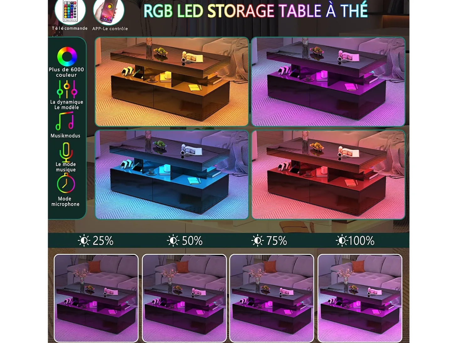 Mesa de centro inteligente com LED RGB - com duas gavetas, dimmer controlado por aplicativo, acabamento brilhante e à prova d'água, compatível com música