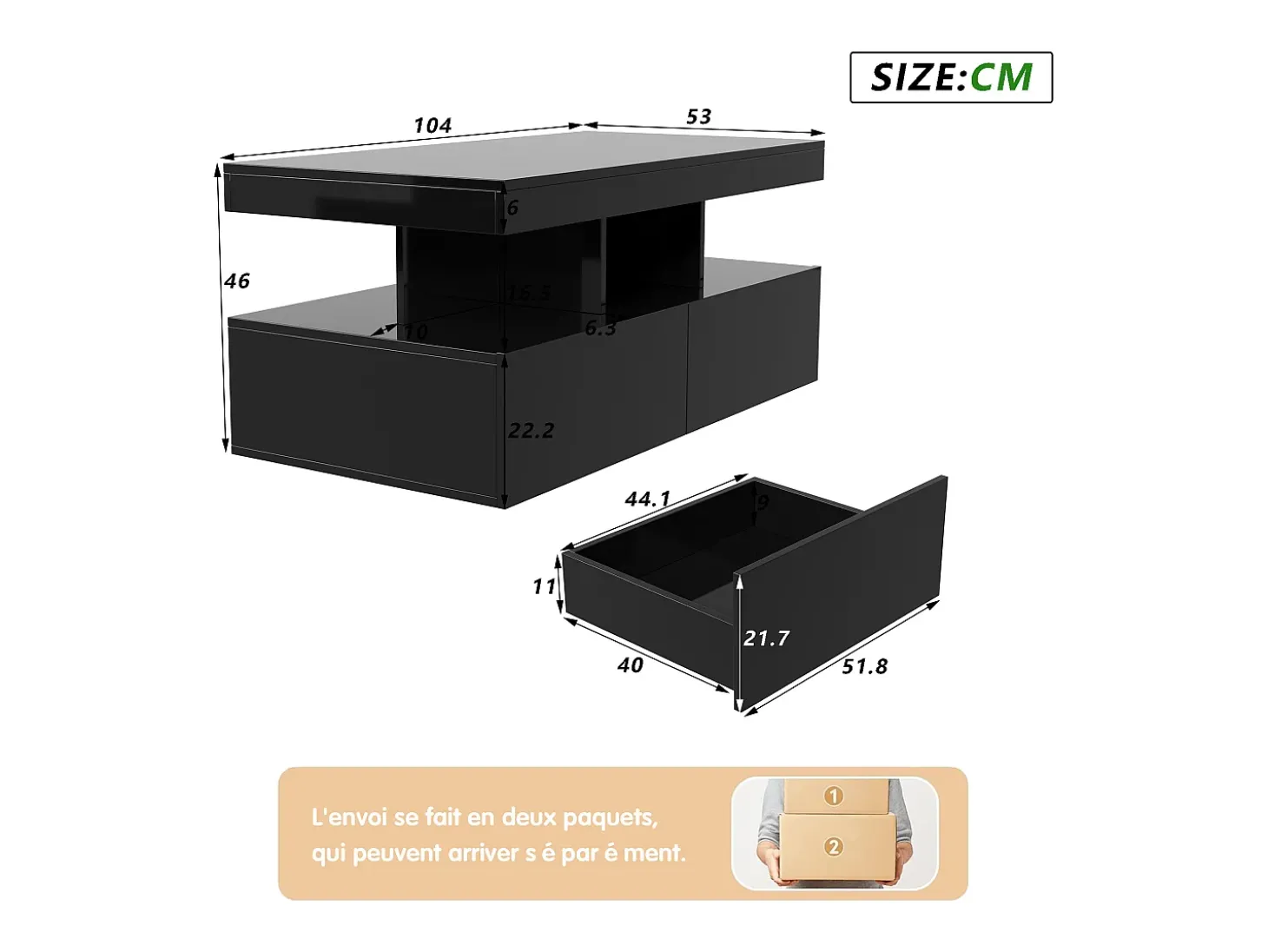 Mesa de centro inteligente com LED RGB - com duas gavetas, dimmer controlado por aplicativo, acabamento brilhante e à prova d'água, compatível com música