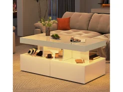 Mesa de centro inteligente com LED RGB - com duas gavetas, dimmer controlado por aplicativo, acabamento brilhante e à prova d'água, compatível com música