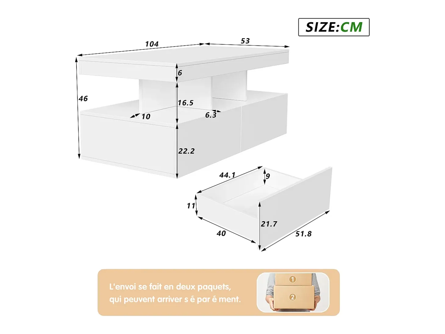 Mesa de centro inteligente com LED RGB - com duas gavetas, dimmer controlado por aplicativo, acabamento brilhante e à prova d'água, compatível com música