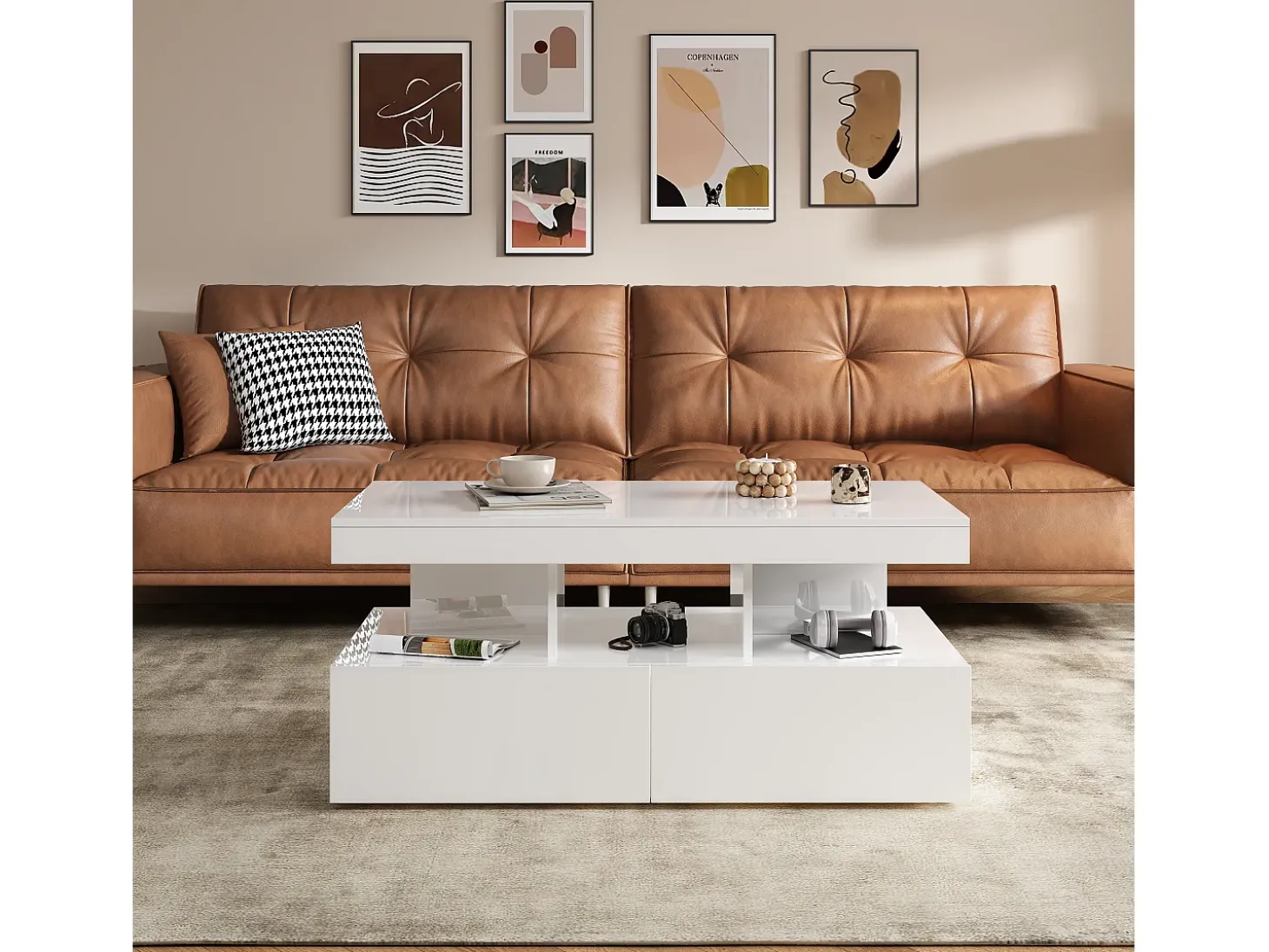 Mesa de centro inteligente com LED RGB - com duas gavetas, dimmer controlado por aplicativo, acabamento brilhante e à prova d'água, compatível com música