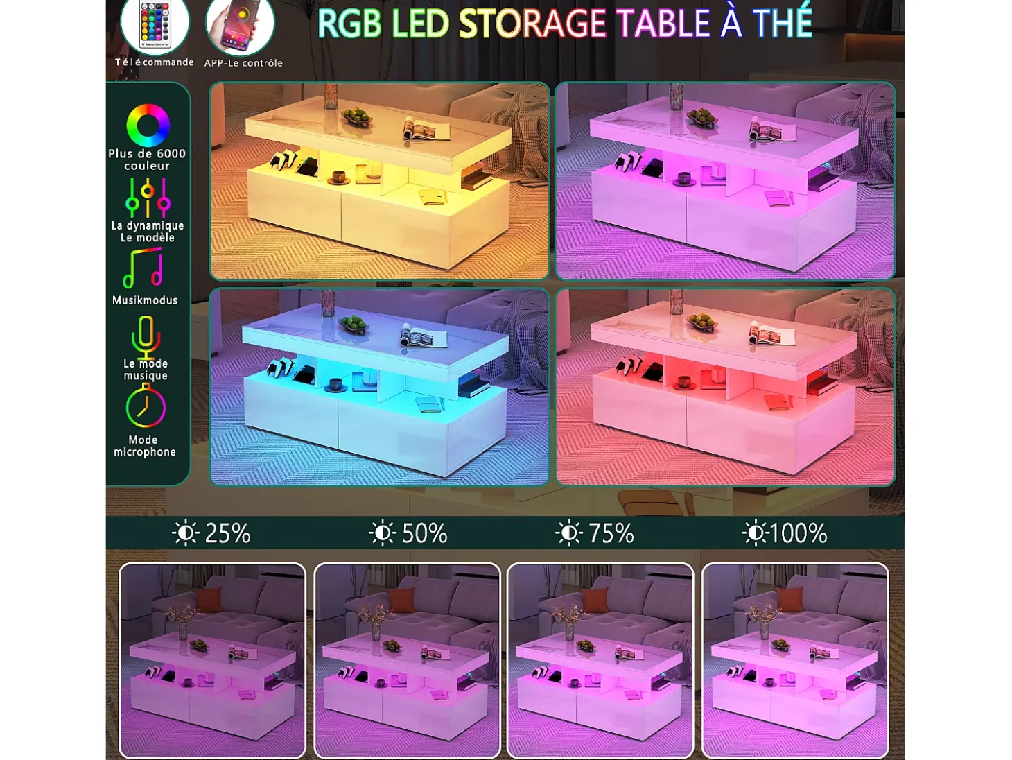 Mesa de centro inteligente com LED RGB - com duas gavetas, dimmer controlado por aplicativo, acabamento brilhante e à prova d'água, compatível com música
