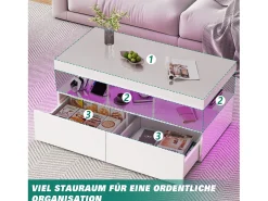 Mesa de centro inteligente com LED RGB - com duas gavetas, dimmer controlado por aplicativo, acabamento brilhante e à prova d'água, compatível com música