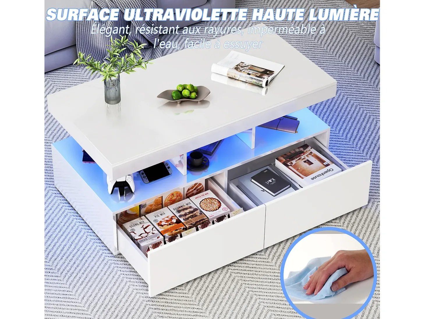 Mesa de centro inteligente com LED RGB - com duas gavetas, dimmer controlado por aplicativo, acabamento brilhante e à prova d'água, compatível com música