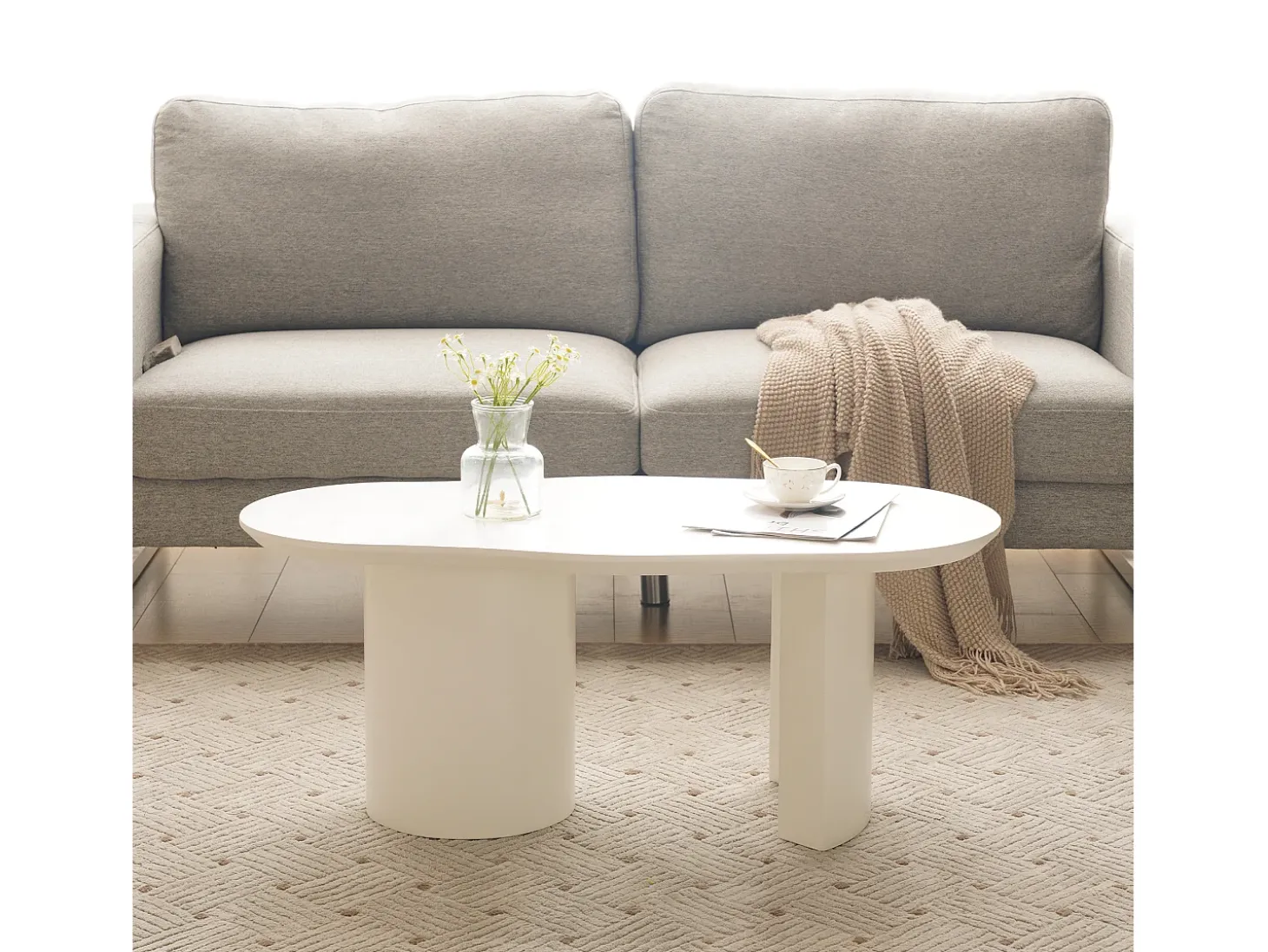 Mesa de centro irregular branca 100 cm com base cilíndrica estável, em MDF lacado