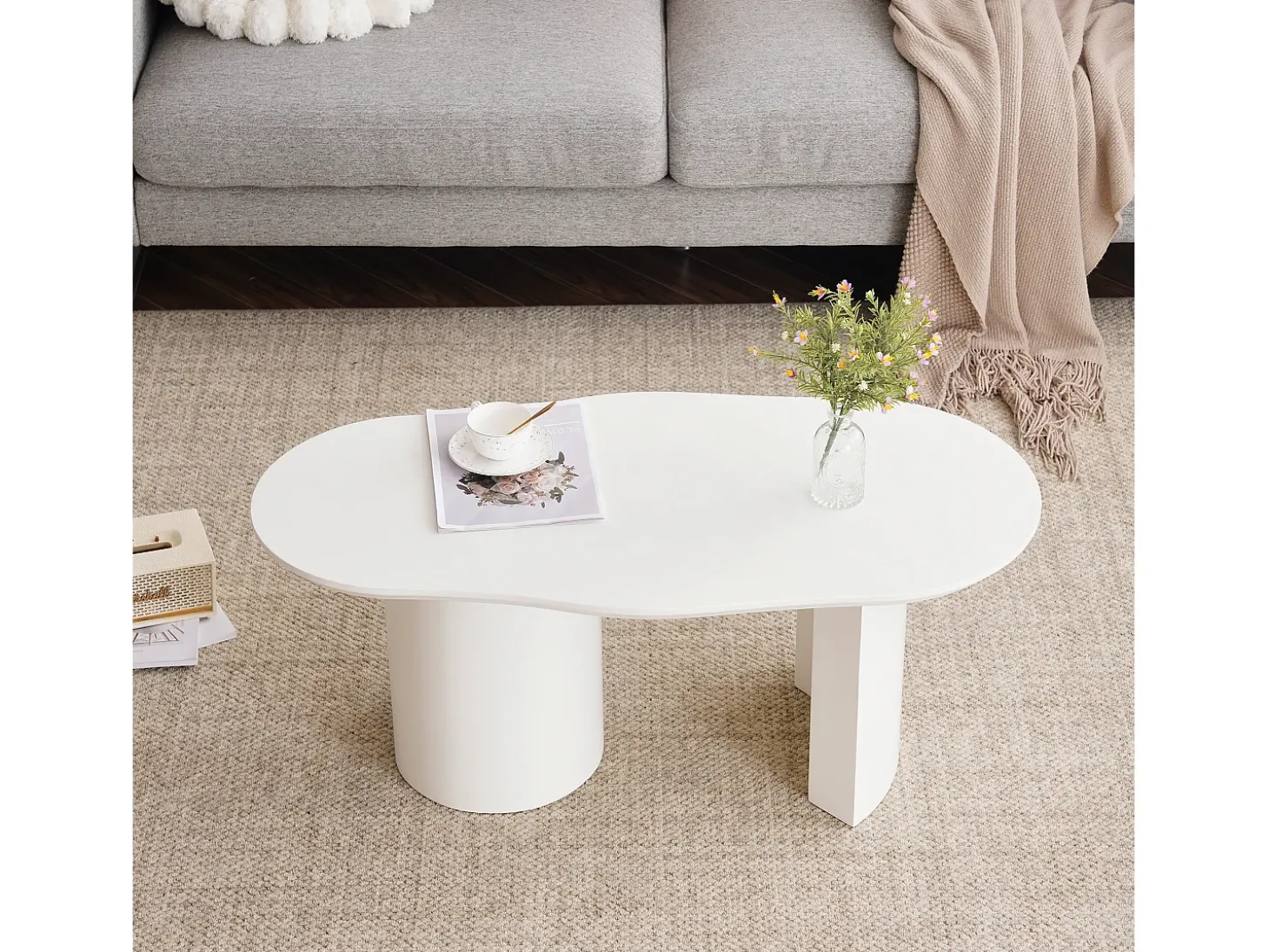 Mesa de centro irregular branca 100 cm com base cilíndrica estável, em MDF lacado