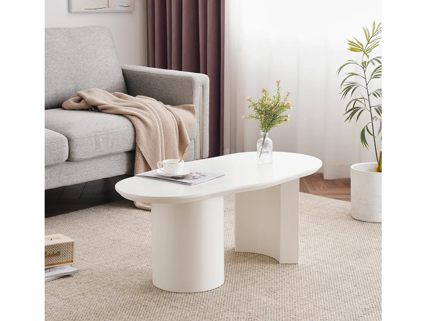 Mesa de centro irregular branca 100 cm com base cilíndrica estável, em MDF lacado
