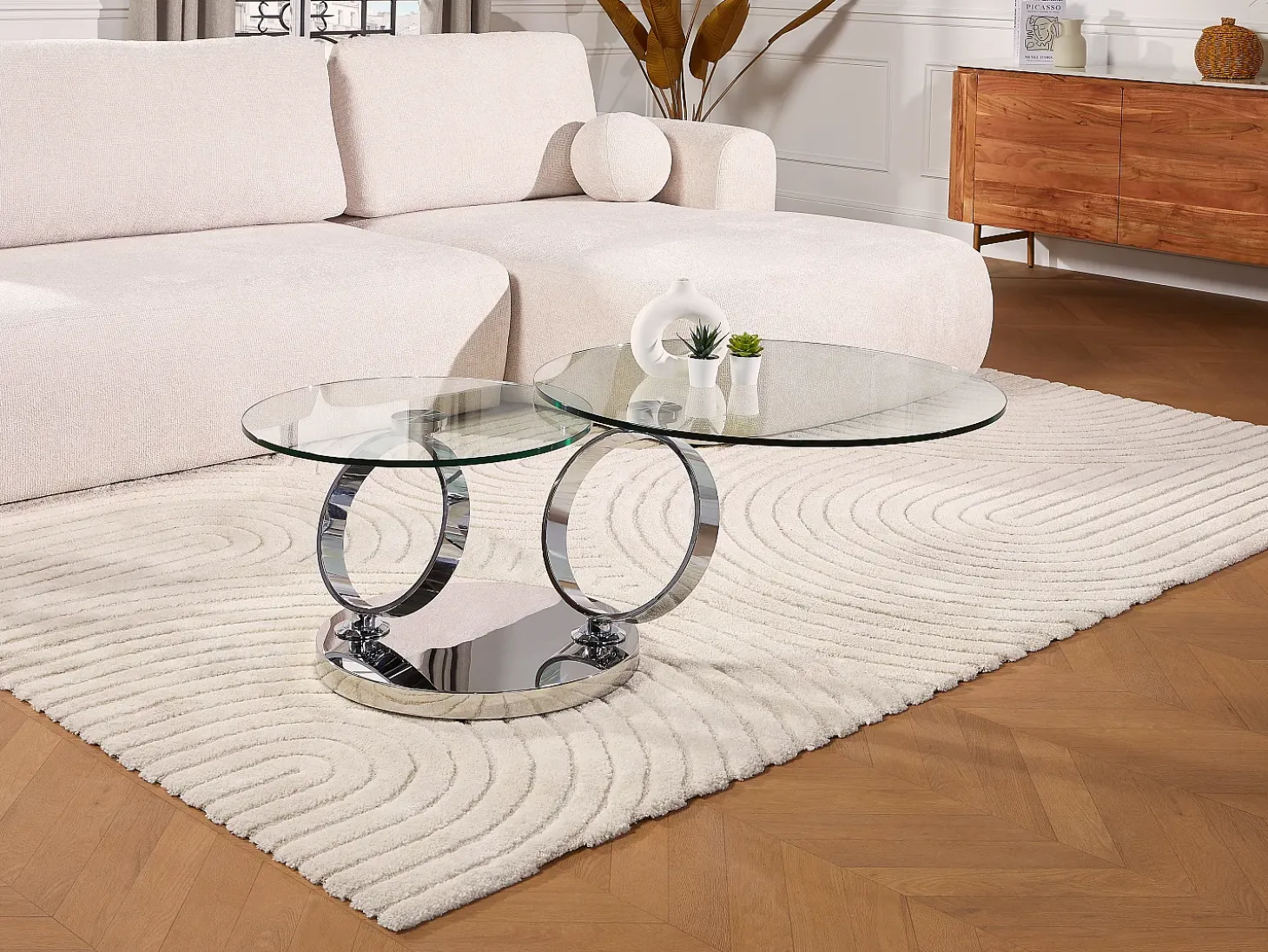 Mesa de centro JOLINE com prateleiras giratórias - Vidro temperado