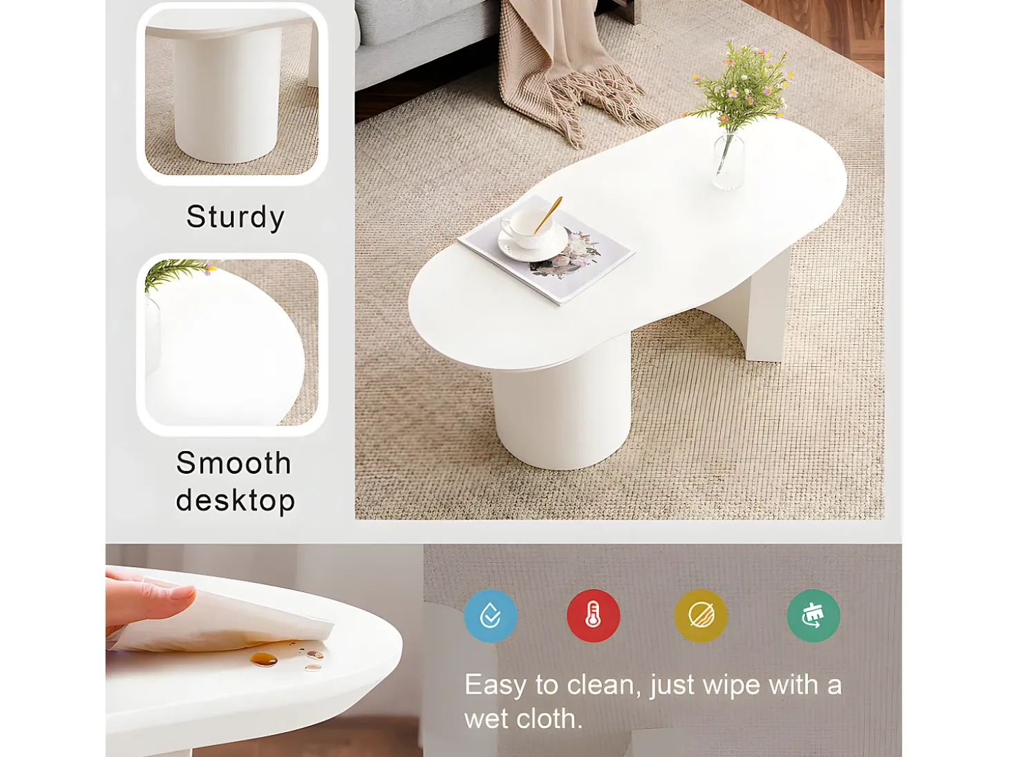 Mesa de centro L 100cm - com tampo curvo irregular e elegante - Branco