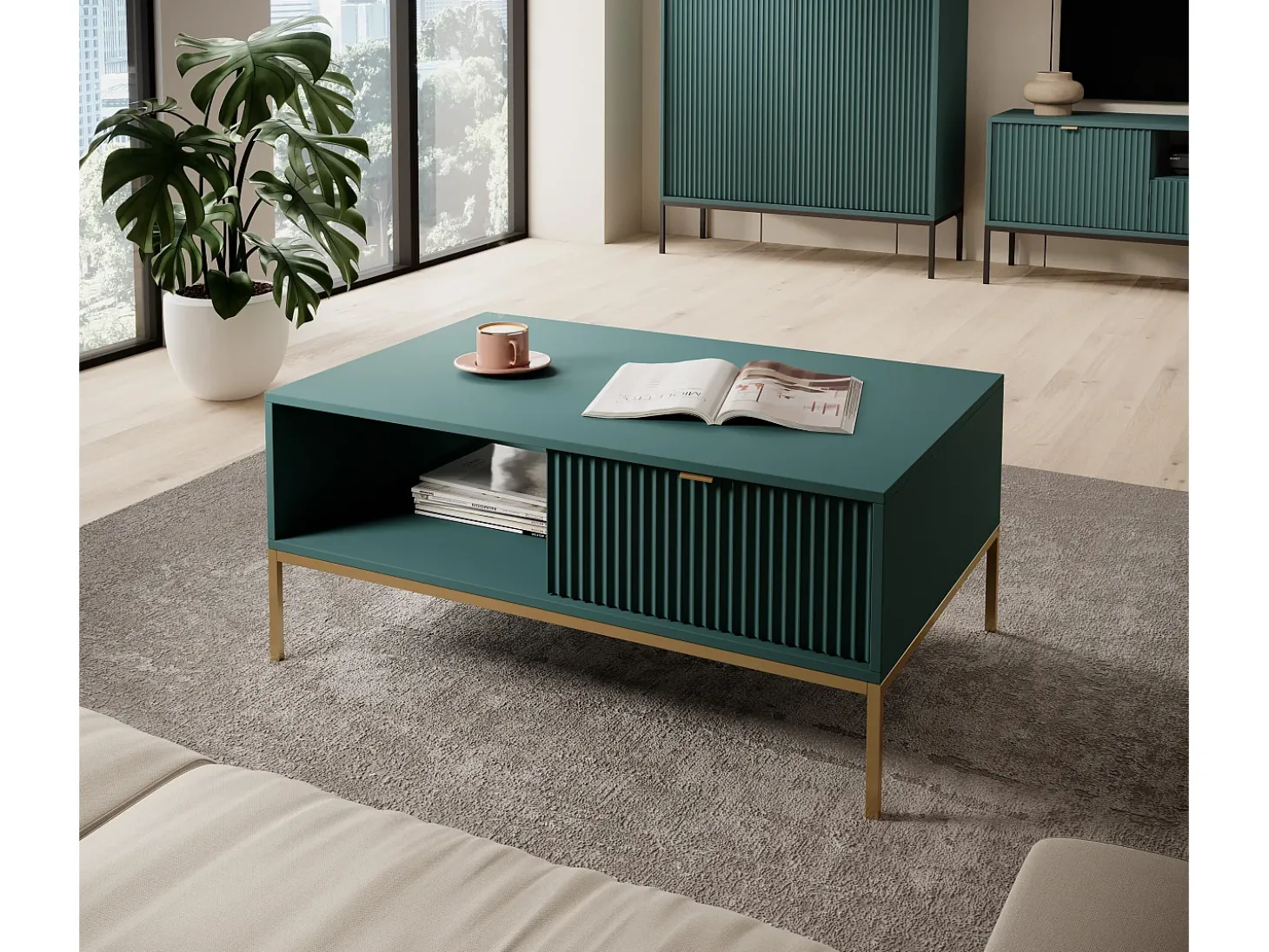 Mesa de centro: labrador, dourado, 104 x 46 x 68 cm, puxadores dourados