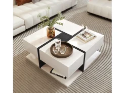 Mesa de centro lacada de alto brilho com 4 gavetas - Design linear - Branca 78 x 78 x 36 cm