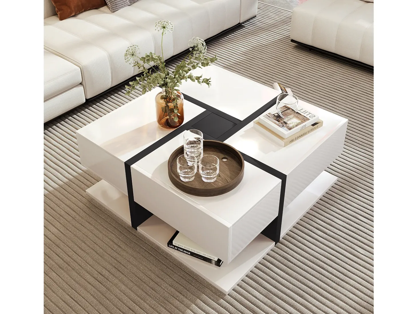 Mesa de centro lacada de alto brilho com 4 gavetas - Design linear - Branca 78 x 78 x 36 cm