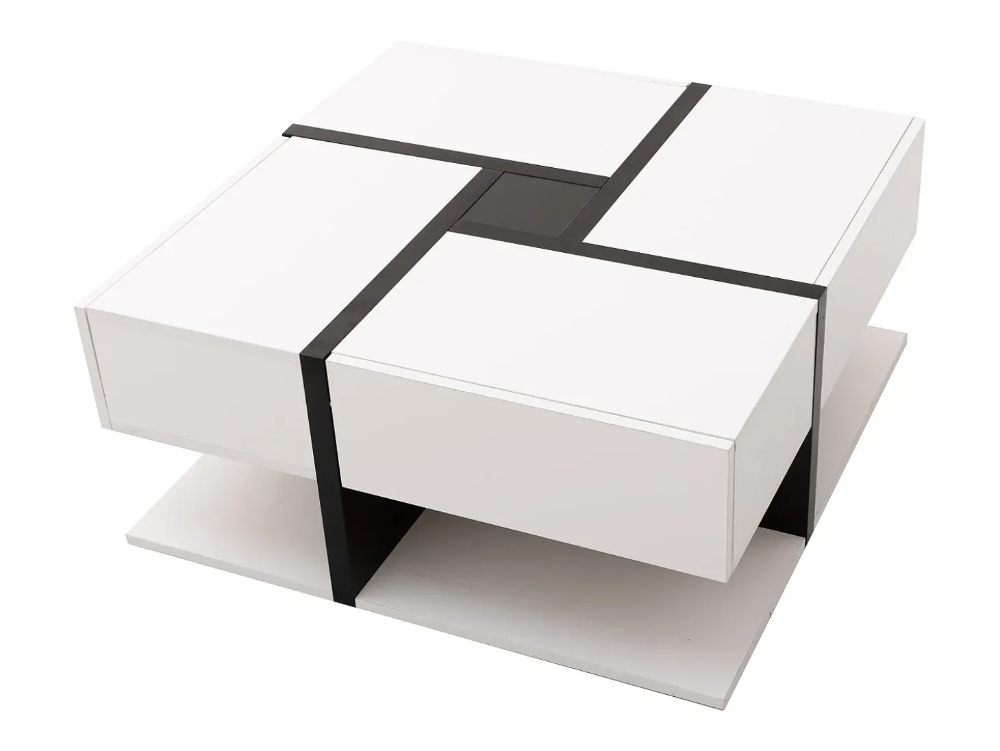 Mesa de centro lacada de alto brilho com 4 gavetas - Design linear - Branca 78 x 78 x 36 cm