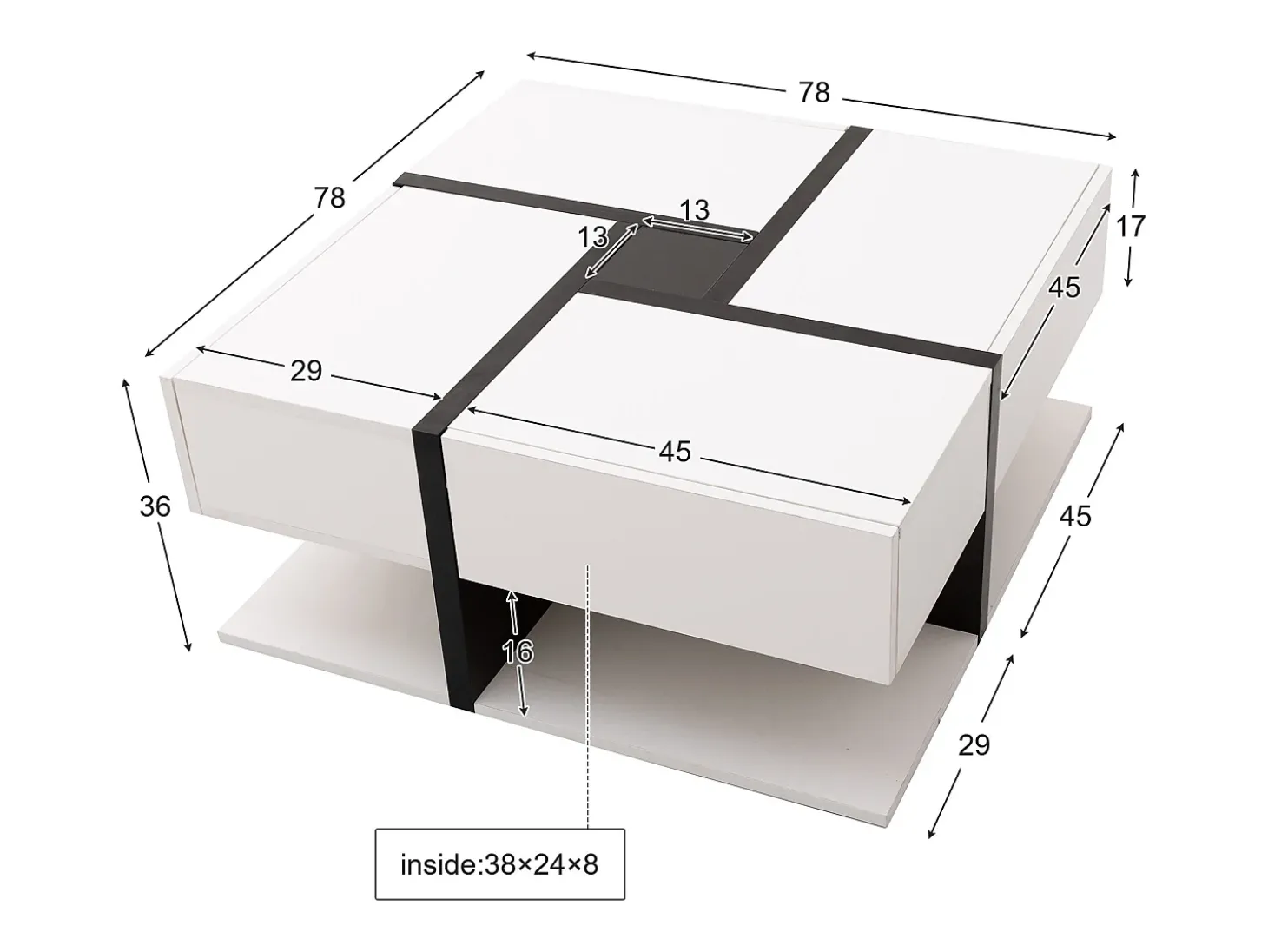 Mesa de centro lacada de alto brilho com 4 gavetas - Madeira PB - Branca e preta