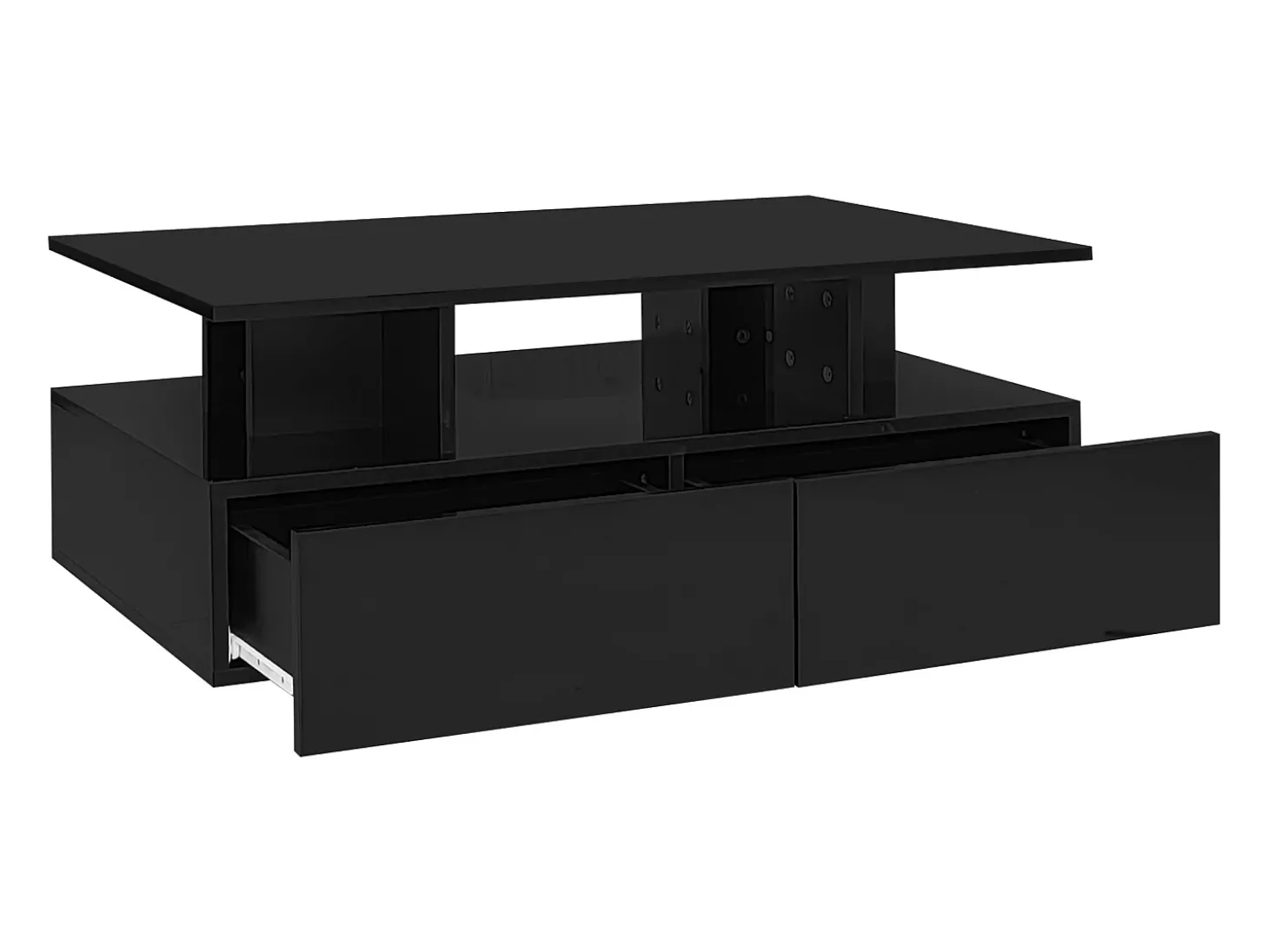Mesa de centro lacada de alto brilho com iluminação LED e 2 gavetas - Madeira PB preta