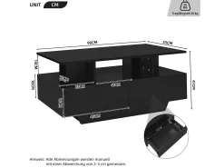 Mesa de centro lacada de alto brilho com iluminação LED e 2 gavetas - Madeira PB preta