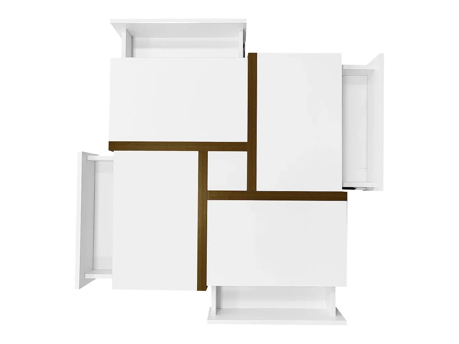 Mesa de centro lacada de alto brilho com 4 gavetas - Branca e madeira 78 x 78 x 36 cm