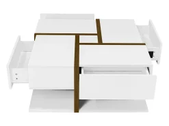 Mesa de centro lacada de alto brilho com 4 gavetas - Branca e madeira 78 x 78 x 36 cm