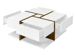 Mesa de centro lacada de alto brilho com 4 gavetas - Branca e madeira 78 x 78 x 36 cm
