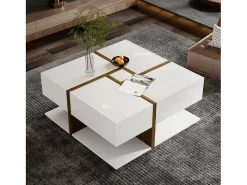 Mesa de centro lacada de alto brilho com 4 gavetas - Branca e madeira 78 x 78 x 36 cm