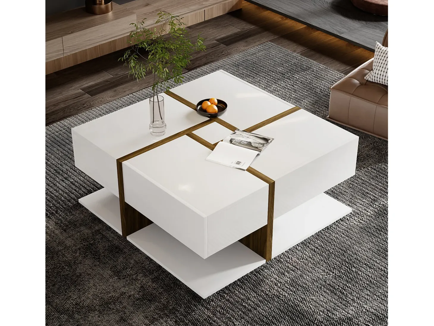 Mesa de centro lacada de alto brilho com 4 gavetas - Branca e madeira 78 x 78 x 36 cm
