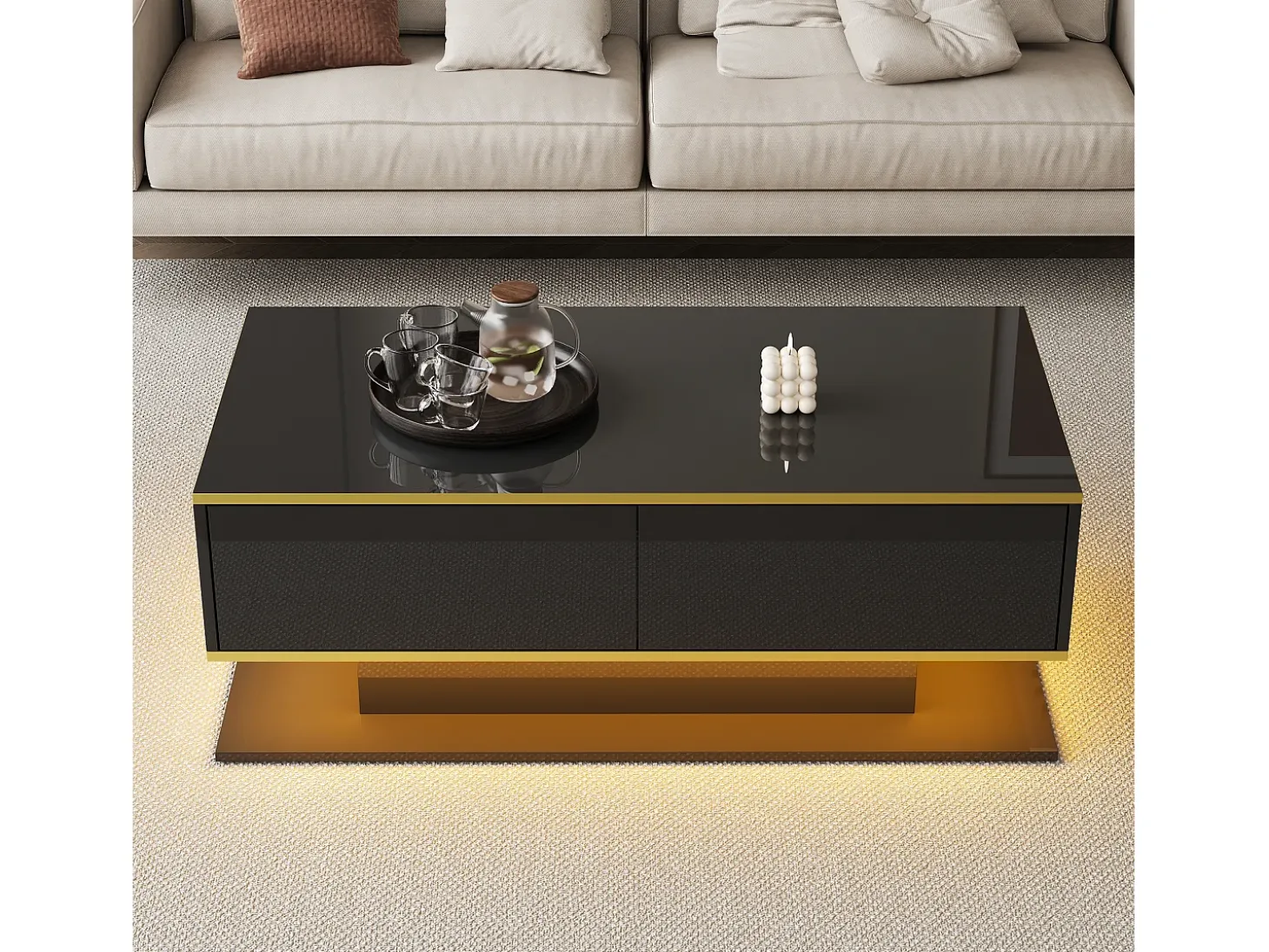 Mesa de centro LED moderna - Acabamento brilhante - Com 3 gavetas - Com iluminação LED - Preto