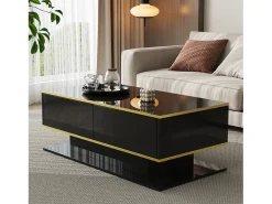 Mesa de centro LED moderna - Acabamento brilhante - Com 3 gavetas - Com iluminação LED - Preto