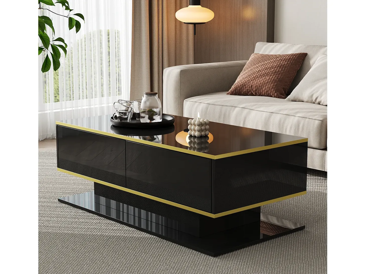 Mesa de centro LED moderna - Acabamento brilhante - Com 3 gavetas - Com iluminação LED - Preto