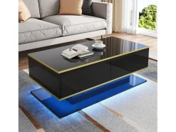 Mesa de centro LED moderna - Acabamento brilhante - Com 3 gavetas - Com iluminação LED - Preto