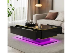 Mesa de centro LED moderna - Acabamento brilhante - Com 3 gavetas - Com iluminação LED - Preto