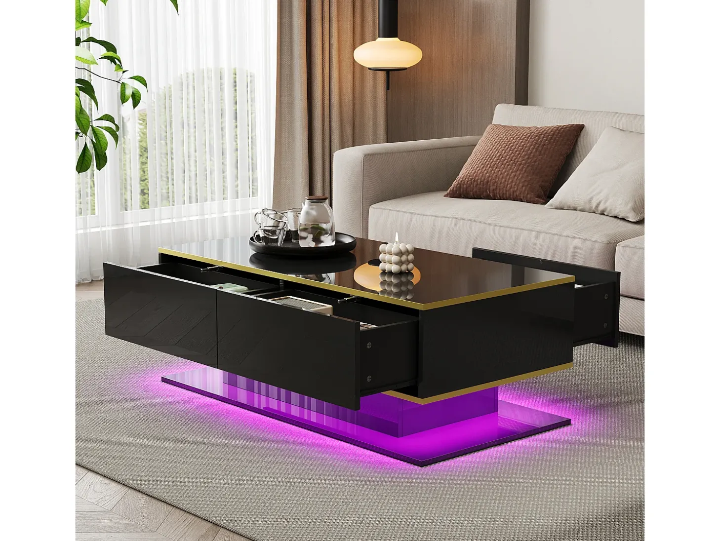 Mesa de centro LED moderna - Acabamento brilhante - Com 3 gavetas - Com iluminação LED - Preto