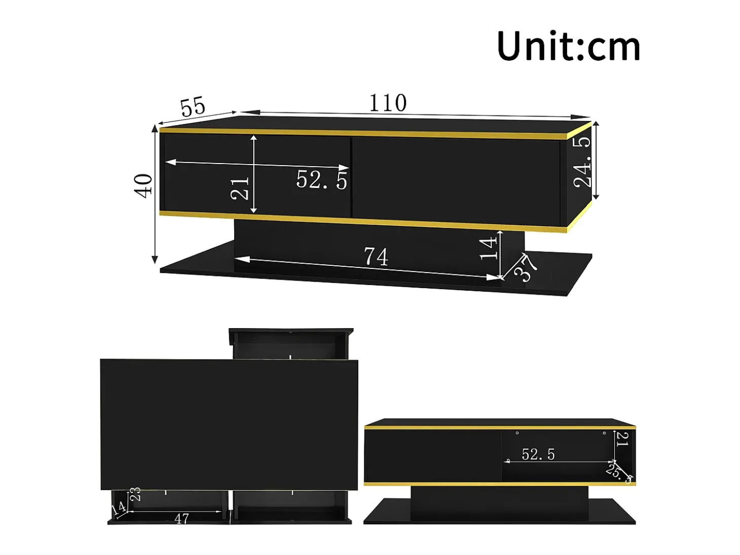 Mesa de centro LED moderna - Acabamento brilhante - Com 3 gavetas - Com iluminação LED - Preto
