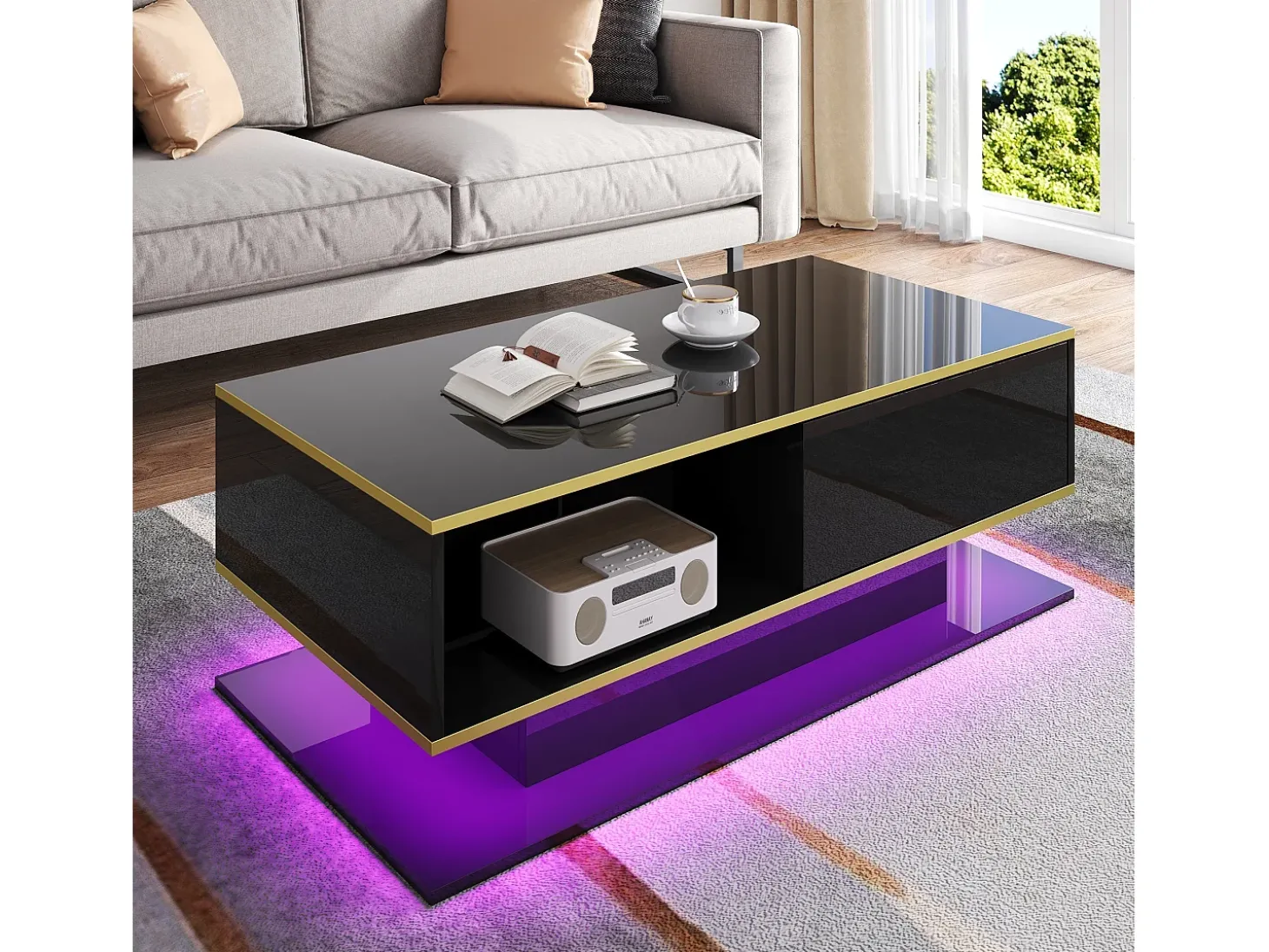 Mesa de centro LED moderna - Acabamento brilhante - Com 3 gavetas - Com iluminação LED - Preto